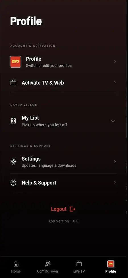 Netflix Clone 17 Mobile account menu with profile switching, TV activation, saved videos, app settings, help, and support
