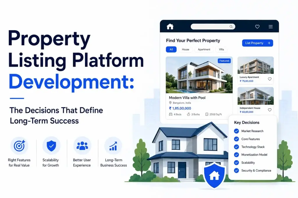 Property listing platform development infographic with real estate marketplace dashboard, property cards, and scalability planning elements