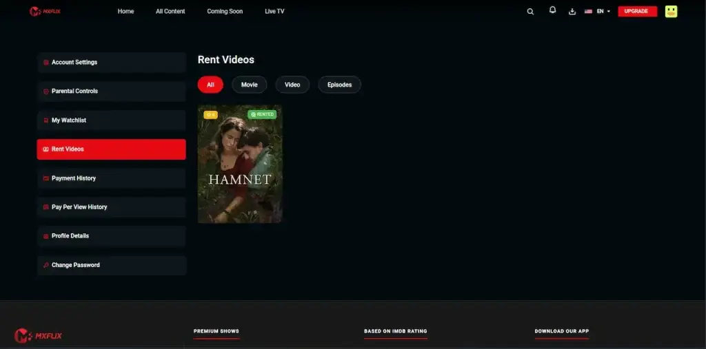 Netflix Clone 46 Desktop account rental page with rented titles, movie and episode filters, payment history, pay-per-view history, and profile settings