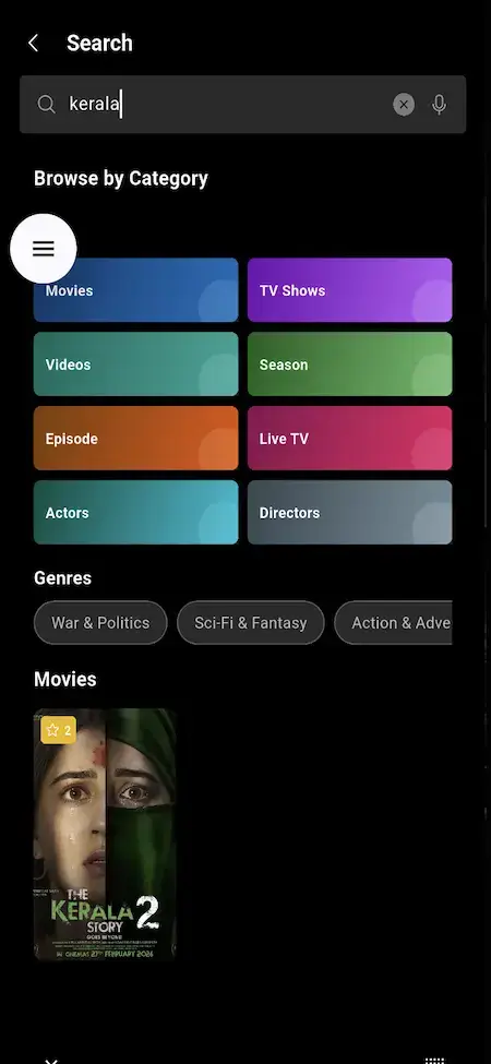Netflix Clone 27 Mobile streaming search screen with content types for movies, TV shows, videos, seasons, episodes, live TV, actors, directors, and genres