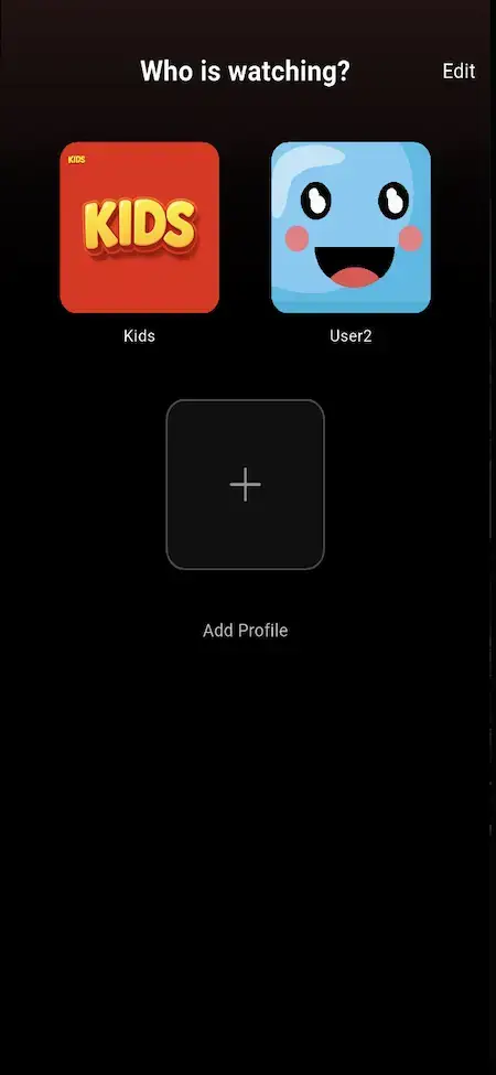 Netflix Clone 25 Mobile viewer selector with kids mode, standard profiles, profile editing, and an option to add another viewer