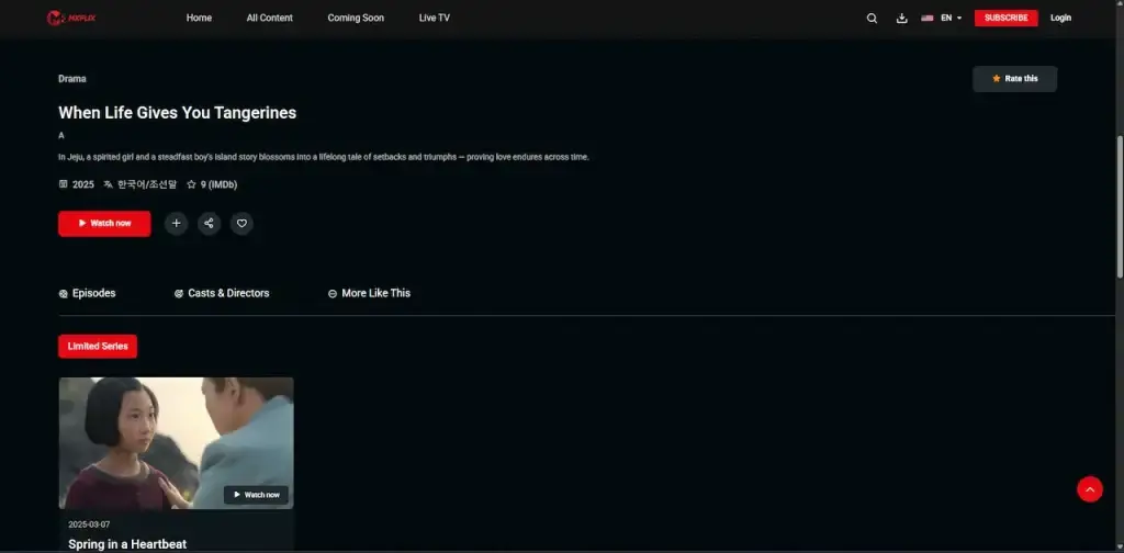 Netflix Clone 44 Desktop series page with synopsis, release information, rating, watch-now action, episodes, cast, directors, and related titles