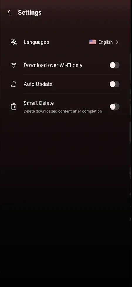 Netflix Clone 18 Mobile streaming settings for language, Wi-Fi-only downloads, automatic updates, smart deletion, and storage management
