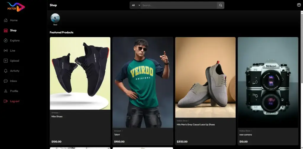 TikTok Clone 38 Desktop social-commerce marketplace featuring footwear, apparel, cameras, categories, prices, and product browsing