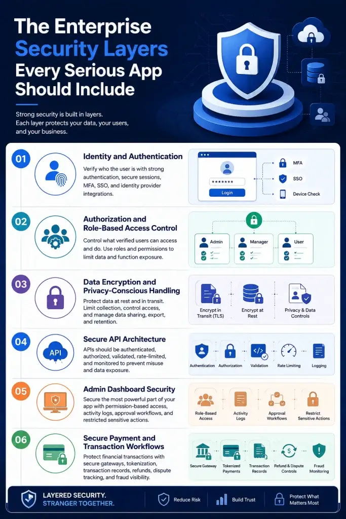 Enterprise App Security in 2026: Why Secure Architecture Is Non-Negotiable 1 Enterprise security layers infographic showing authentication, role-based access control, data encryption, secure APIs, admin dashboard security, and payment workflow protection.