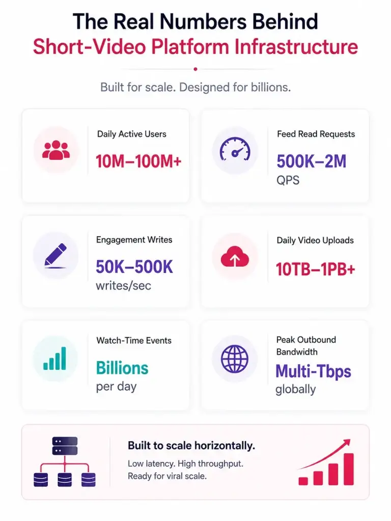 Database Architecture for Video Platforms Handling Millions of Users and Engagement Events 1 Infographic showing the infrastructure scale and backend performance metrics behind modern short-video platforms handling millions of users and billions of engagement events.