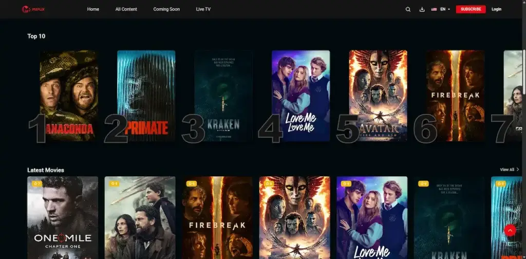 Netflix Clone 43 Desktop streaming catalog presenting ranked top-ten movies and latest-title rows with artwork and navigation