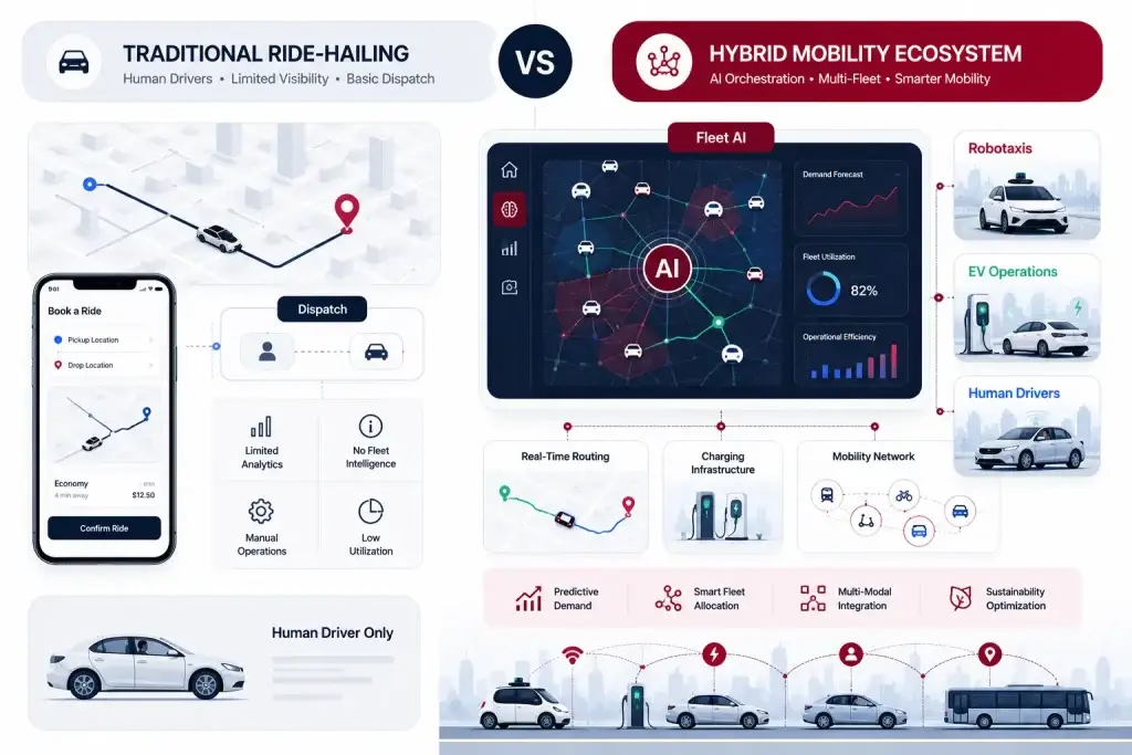 Why Hybrid Ride-Hailing Platforms Will Dominate Before Full Robotaxi Adoption 2 Comparison infographic between traditional ride-hailing apps and AI-powered hybrid mobility ecosystems with robotaxis and smart fleet orchestration