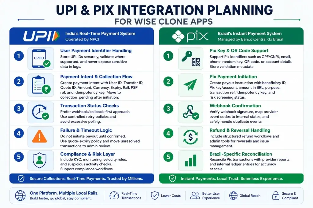 Local Payment Rails Integration for Wise Clone Apps: UPI, Pix, Faster Payments, and SEPA Instant 1 Simple infographic comparing UPI and Pix integration planning for Wise clone apps, including payment collection flows, webhook confirmation, reconciliation, compliance, and real-time transaction handling.