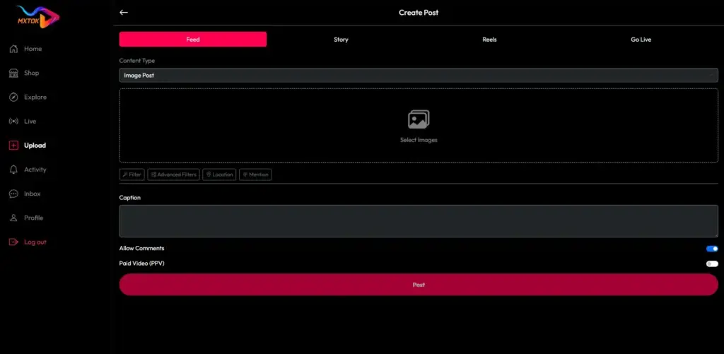 Social media creator dashboard for uploading posts, reels, stories, live content, and pay-per-view media