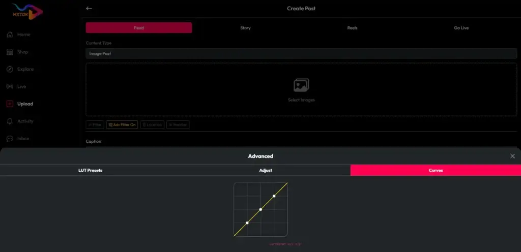 TikTok Clone 36 Desktop upload composer with feed, story, reel, and live formats plus media selection, captioning, effects, location, mentions, and color curves