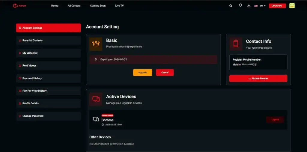 Netflix Clone 42 Desktop account settings with subscription plan, expiration, upgrade or cancellation, contact details, and active-device management