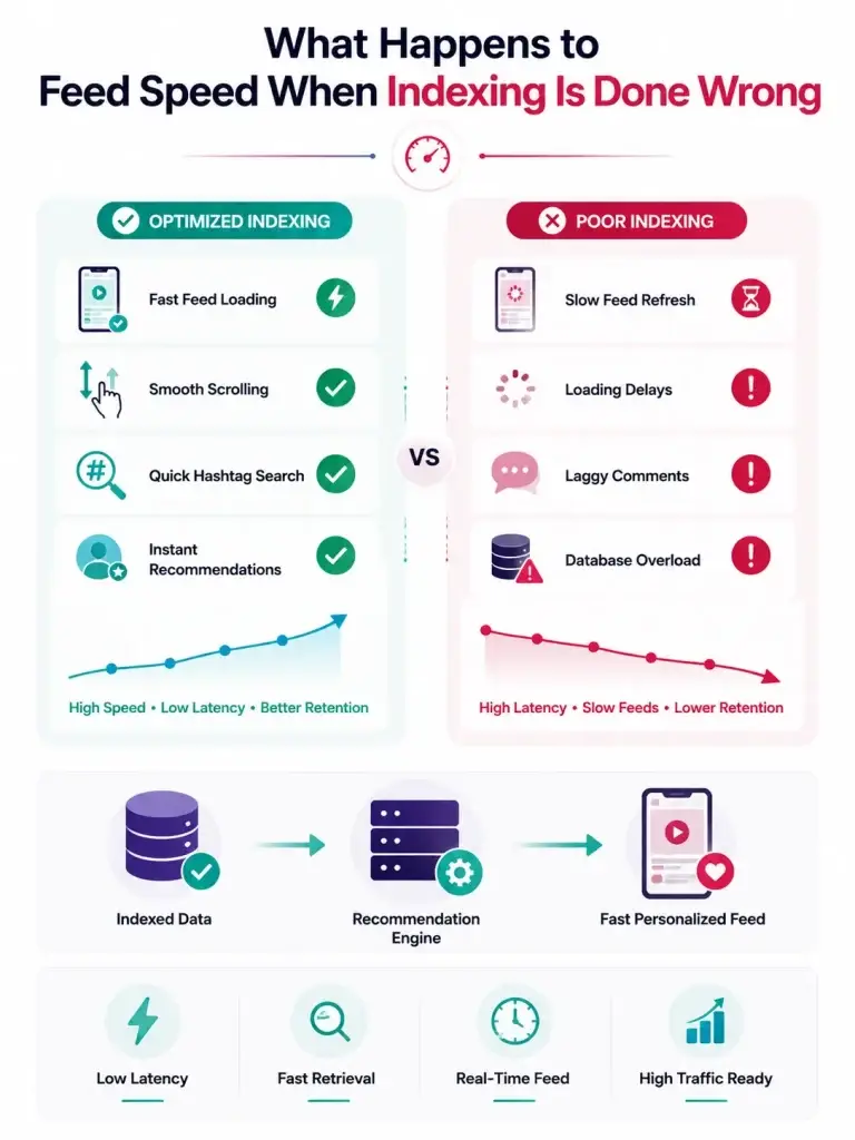 Database Architecture for Video Platforms Handling Millions of Users and Engagement Events 2 Infographic comparing optimized indexing versus poor indexing in short-video platform infrastructure and its impact on feed speed, latency, and user retention.