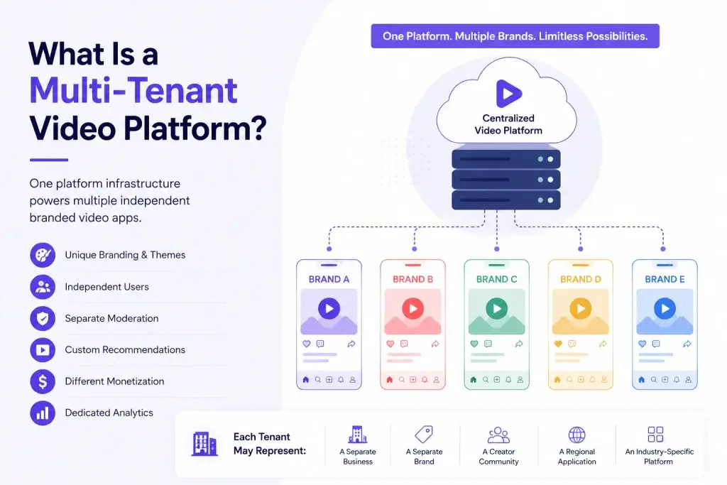 How Multi-Tenant Short Video Platforms Help Businesses Launch Multiple Branded Apps 1 Short Video Platforms .Simple infographic explaining how a multi-tenant video platform powers multiple branded video apps from one centralized infrastructure