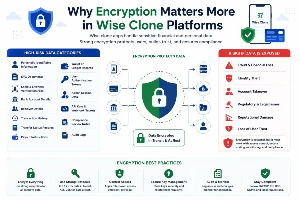 Financial App Encryption Best Practices: How to Secure Data in Wise Clone Platforms 1 why encryption matters in Wise clone platforms, showing high-risk financial and personal data, encryption protection for data in transit and at rest, risks of data exposure, and key encryption security practices.