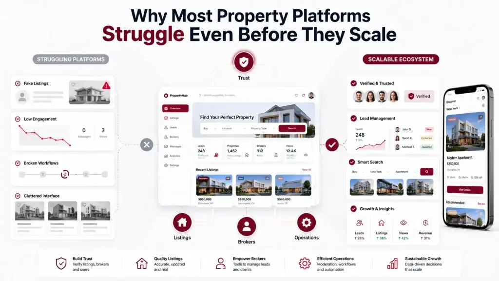 Property Listing Platform Development: The Decisions That Define Long-Term Success 1 Property marketplace infographic comparing struggling real estate platforms with scalable verified property ecosystems and lead management systems