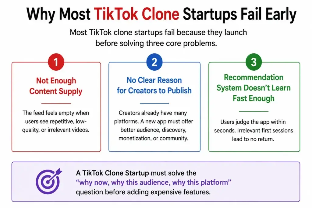 How to Launch a TikTok Clone Startup With the Right Product Strategy 1 TikTok clone startups fail early, highlighting three core problems: insufficient content supply, weak incentives for creators to publish, and recommendation systems that fail to learn user preferences quickly.