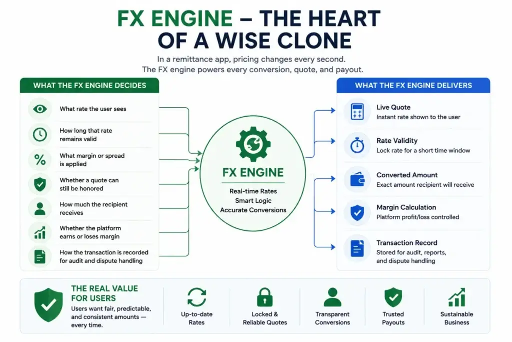 How to Build a Real-Time FX Engine for a Wise Clone With Low-Latency Exchange Rate Feeds 1 Simple infographic explaining how an FX engine processes real-time exchange rates, quote validity, margins, recipient amounts, and transaction records to deliver accurate and transparent currency conversions.