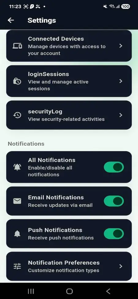Wise Clone 26 Mobile settings for active login sessions, security logs, and notification preferences