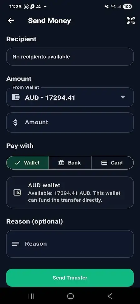Wise Clone 25 Mobile transfer form with source wallet, amount, and wallet, bank, or card payment selection