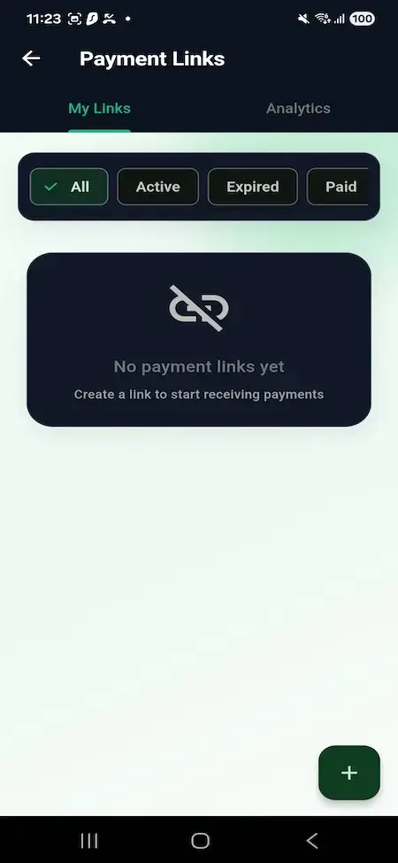 Wise Clone 24 Mobile payment-link dashboard with active, expired, and paid filters plus link creation and analytics
