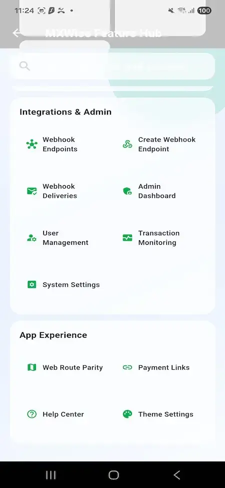 Wise Clone 22 Mobile feature hub linking webhook endpoints, deliveries, administrator dashboard, user management, and transaction monitoring