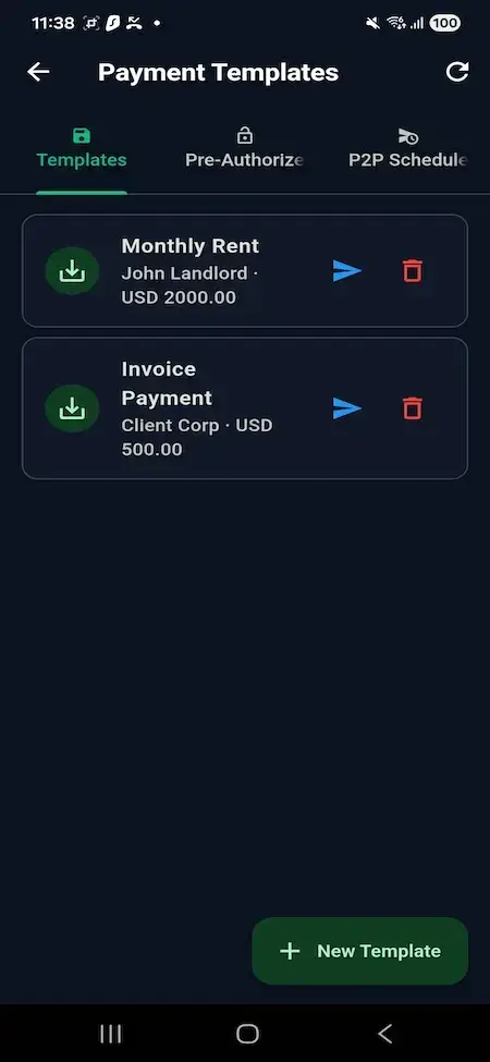 Wise Clone 19 Mobile template dashboard for rent and invoice payments with preauthorization, peer-to-peer schedules, send, and deletion actions