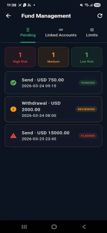 Wise Clone 18 Mobile fund-management screen showing high, medium, and low-risk transactions with send and withdrawal review status
