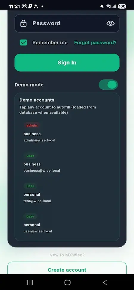 Wise Clone 34 Mobile sign-in screen with demo mode and selectable administrator, business, and customer accounts