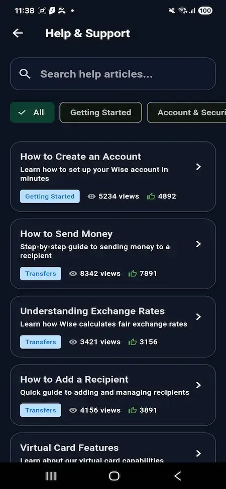 Wise Clone 16 Mobile support center with searchable guidance for account setup, sending money, exchange rates, security, and common tasks