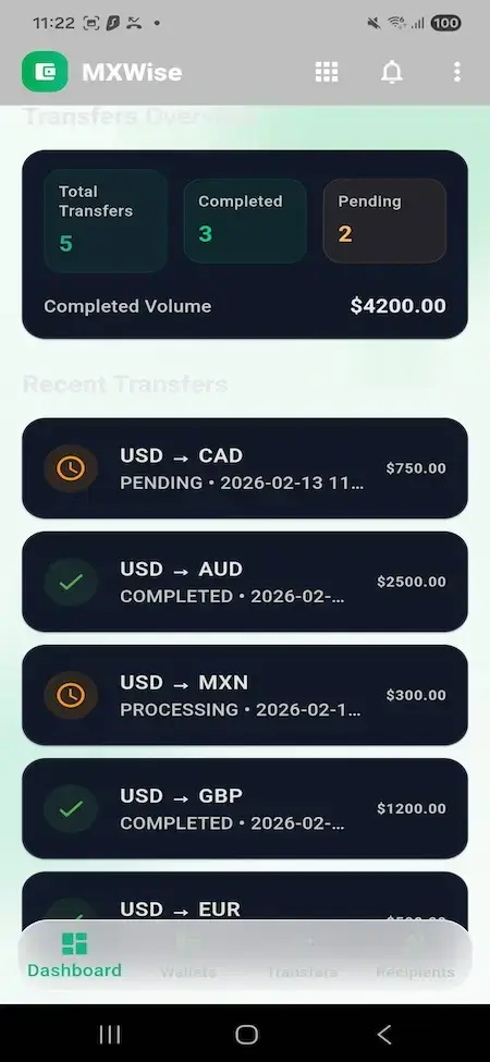 Wise Clone 32 Mobile transfer summary with total, completed, and pending counts, completed volume, and recent international transfers