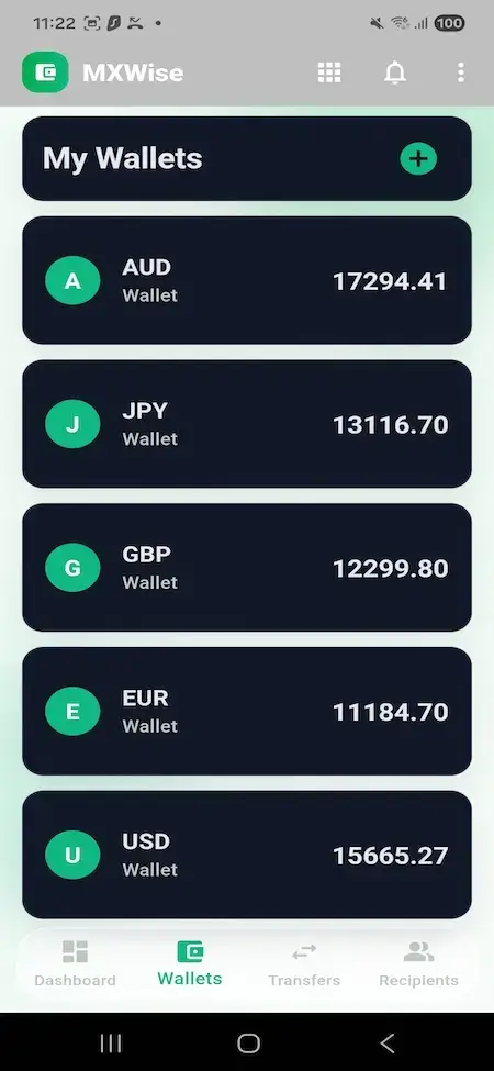 Wise Clone 31 Mobile wallet dashboard listing AUD, JPY, GBP, and other currency accounts with individual balances