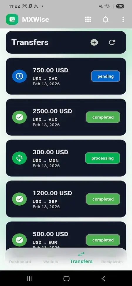Wise Clone 30 Mobile transfers list showing pending, completed, and processing payments with amounts, currency pairs, and dates