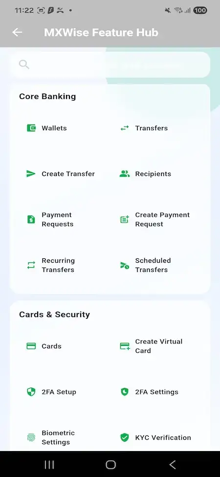 Wise Clone 28 Mobile feature hub linking wallets, transfers, recipients, payment requests, recurring transfers, scheduled transfers, cards, and security