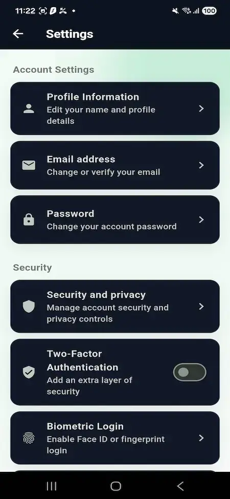 Wise Clone 27 Mobile settings for profile details, email verification, password, privacy, and two-factor authentication