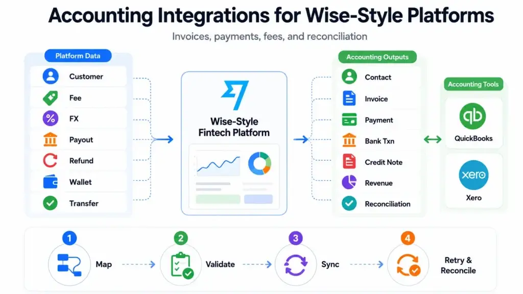 API-First Fintech Architecture: How Wise Clone Platforms Connect With ERP, CRM, and Accounting Tools 2 Accounting integrations for Wise-style platforms showing platform data, customer records, fees, FX, payouts, refunds, wallet transfers, invoices, payments, bank transactions, credit notes, revenue, reconciliation, QuickBooks, and Xero