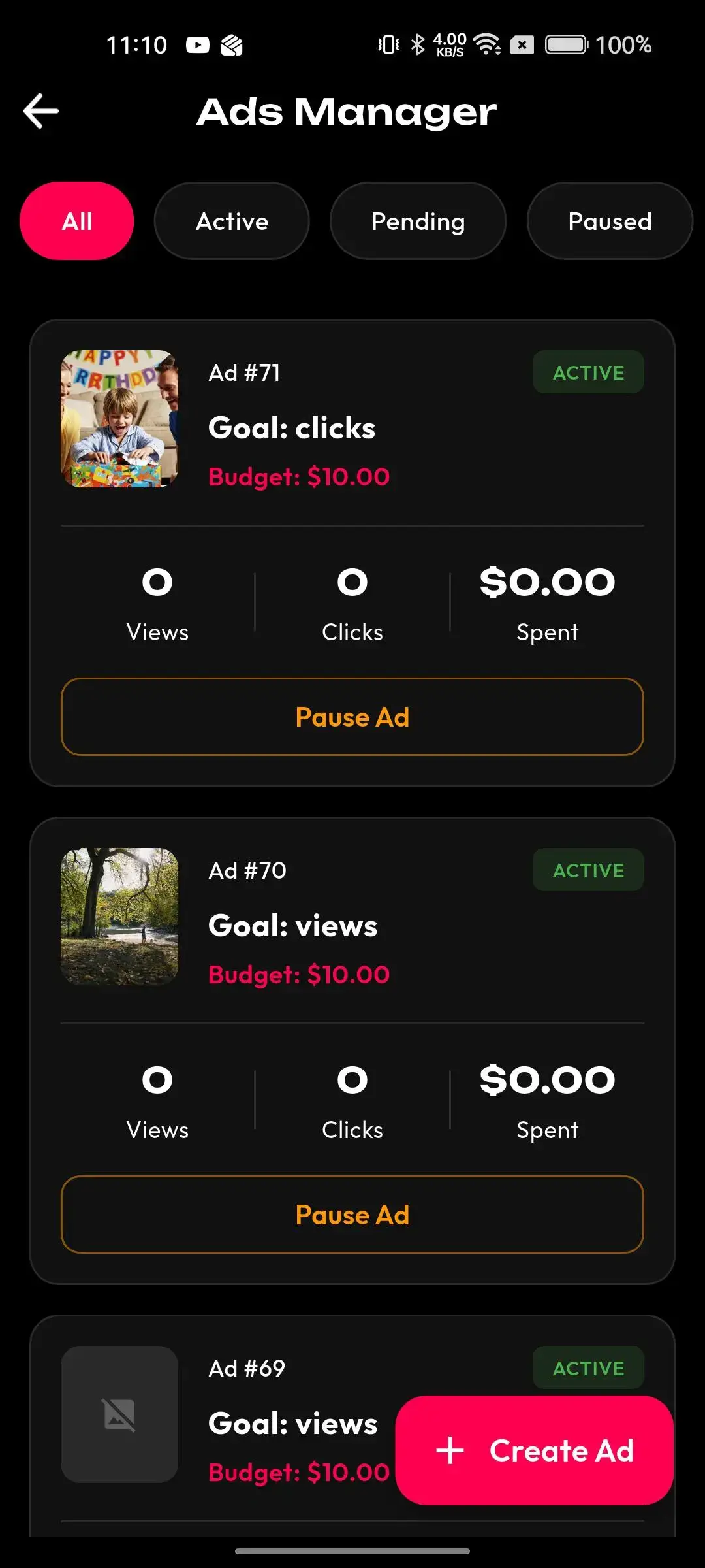 TikTok Clone 35 Mobile creator advertising dashboard showing active campaigns, goals, budget, views, clicks, spend, and pause controls