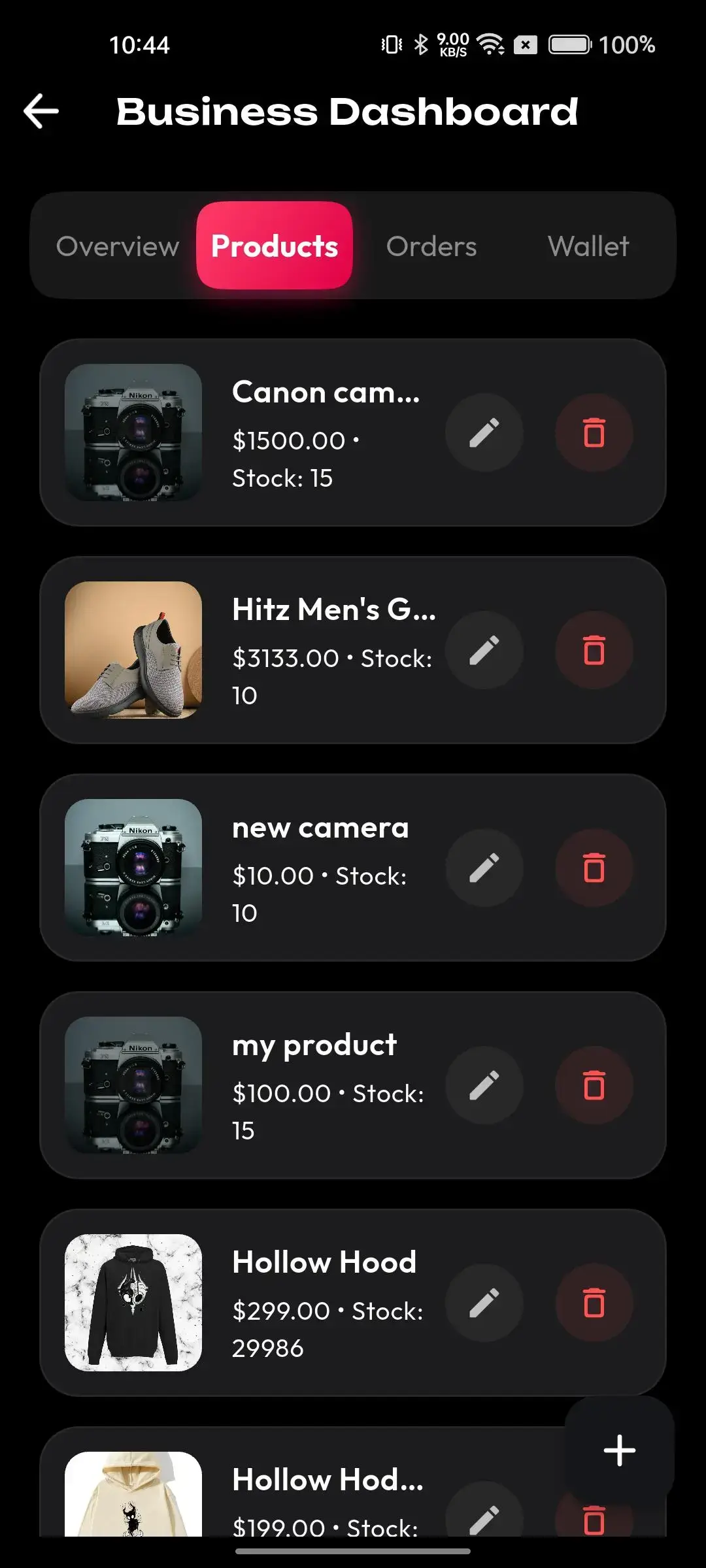 TikTok Clone 34 Mobile business dashboard listing products, prices, inventory, images, editing, and deletion controls