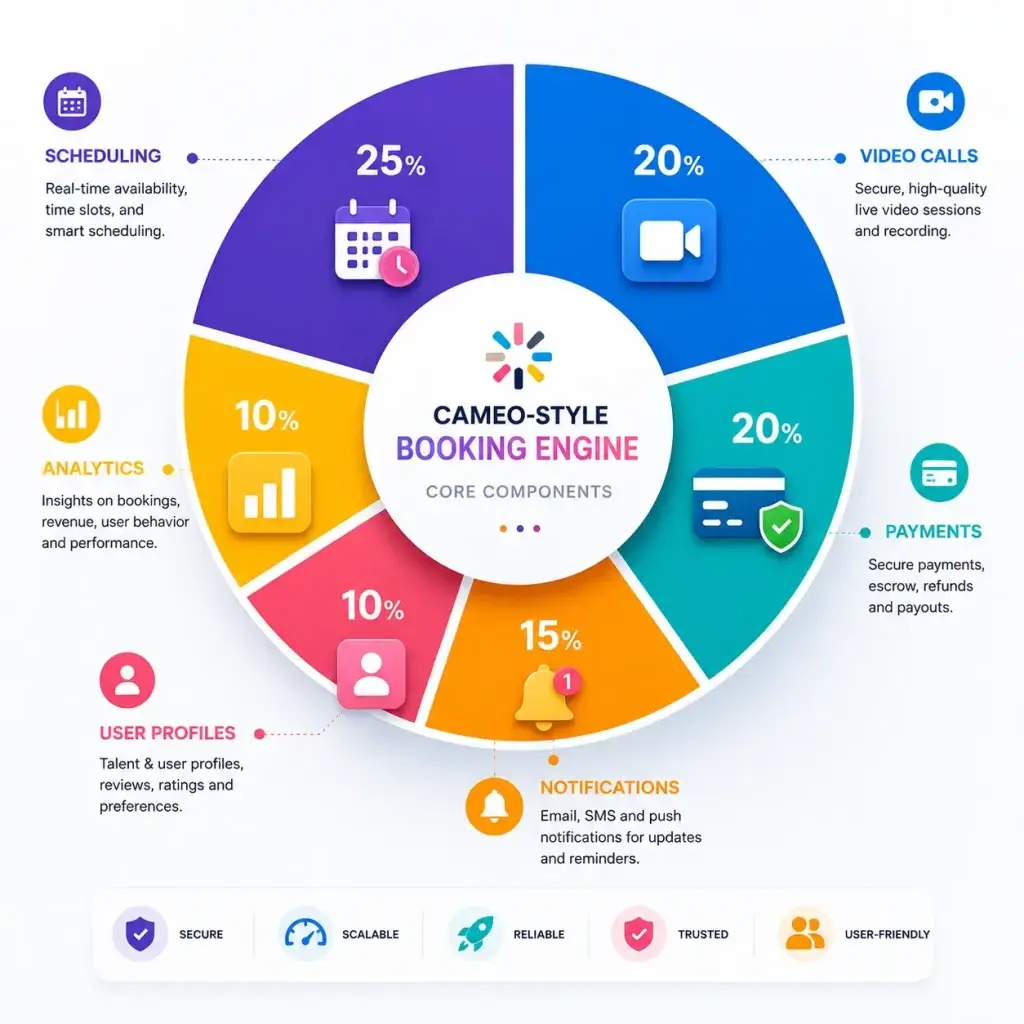 Cameo Booking Engine Architecture: Handling Live Video Call Scheduling and Payments 3 Cameo-style booking engine infographic showing scheduling, video calls, payments, notifications, analytics, and user management components