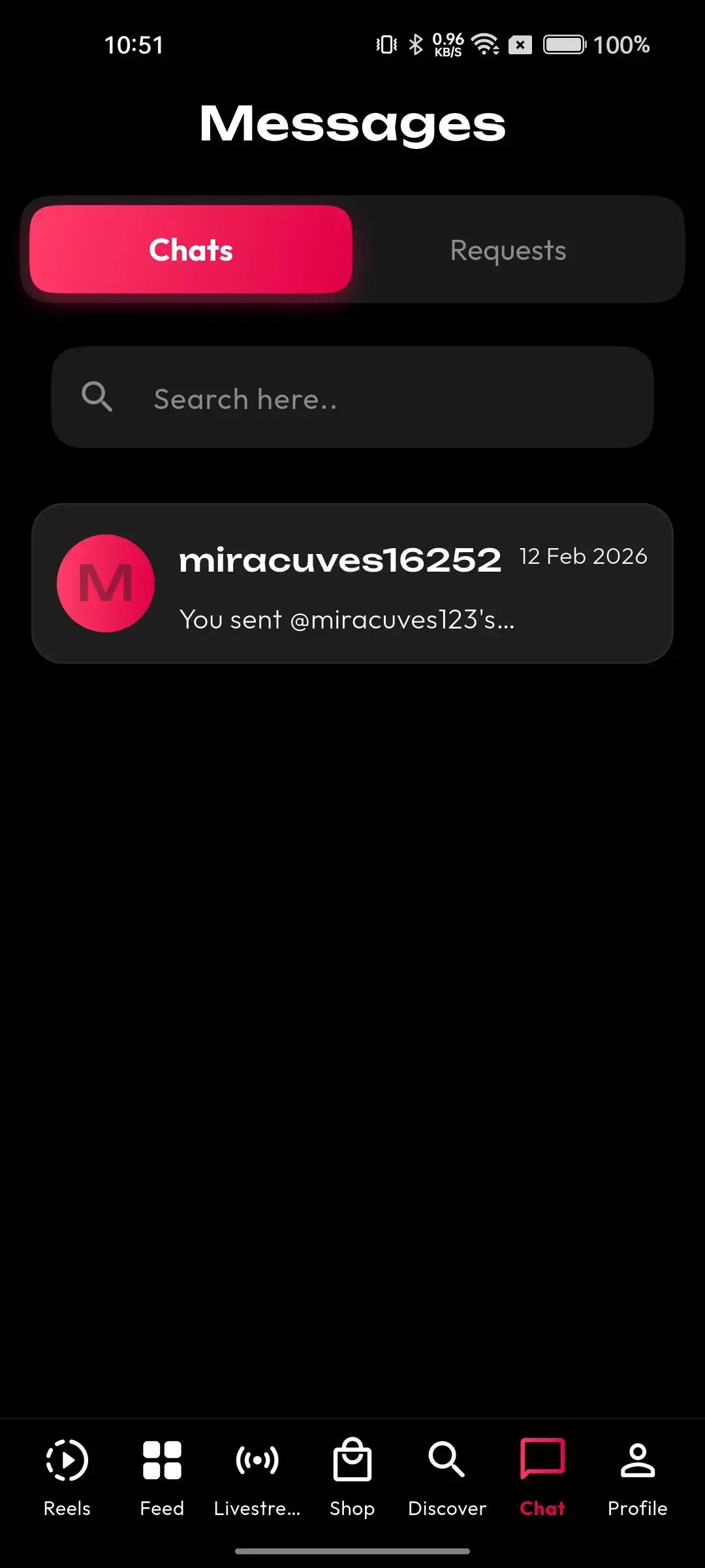TikTok Clone 33 Mobile messaging inbox with chat and request tabs, conversation search, user threads, and recent-message details