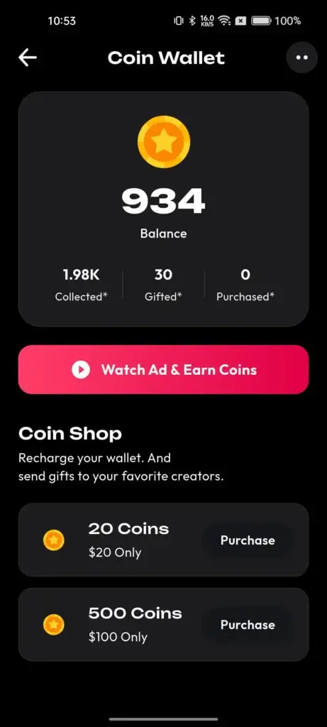 Kwai Clone Script: How Coins, Wallets and Creator Payouts Work 2 Mobile coin wallet showing balance, collected and gifted coins, purchase activity, and rewarded-ad earning access