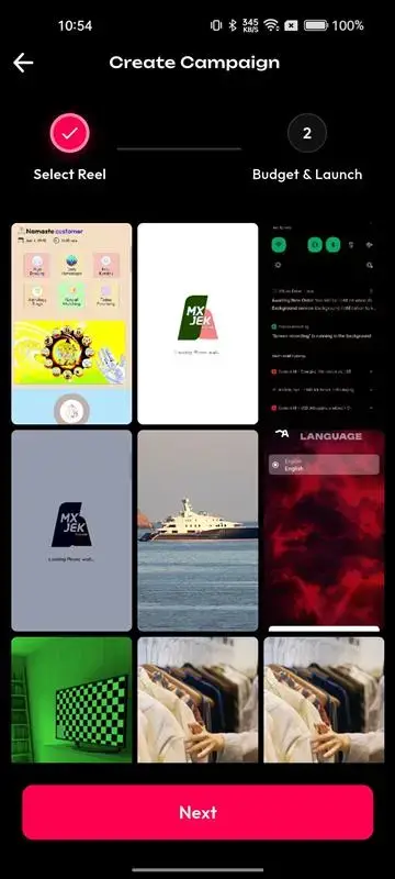 TikTok Clone 24 Mobile campaign builder with deal selection, budget and launch stages, creative previews, and promotional assets