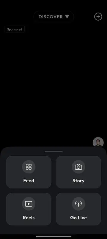 TikTok Clone 23 Mobile create menu providing quick access to feed posts, stories, reels, camera capture, and other publishing formats