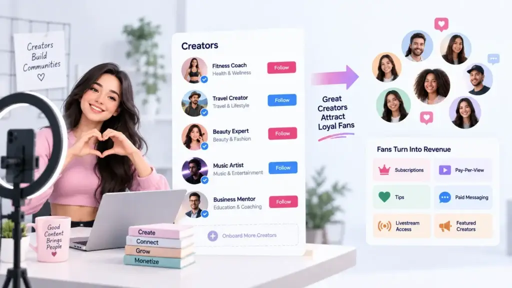 Launching a Subscription-Based Platform: Building Creator Supply, Paid Access, and Repeat Fan Spending 1 A featured image illustrating the process of launching a subscription-based platform. It shows a creator profile with exclusive locked content and highlights three essential growth areas: creator supply, paid access, and repeat fan spending.