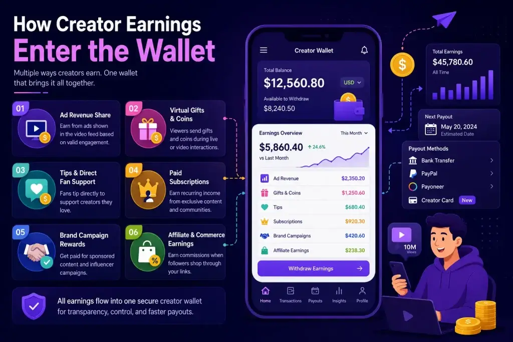 How Short Video Platforms Use Creator Wallets to Manage Earnings, Payouts, and Transactions 1 Creator wallet dashboard showing ad revenue, gifts, subscriptions, tips, affiliate earnings, brand campaigns, payout methods, and creator income tracking.