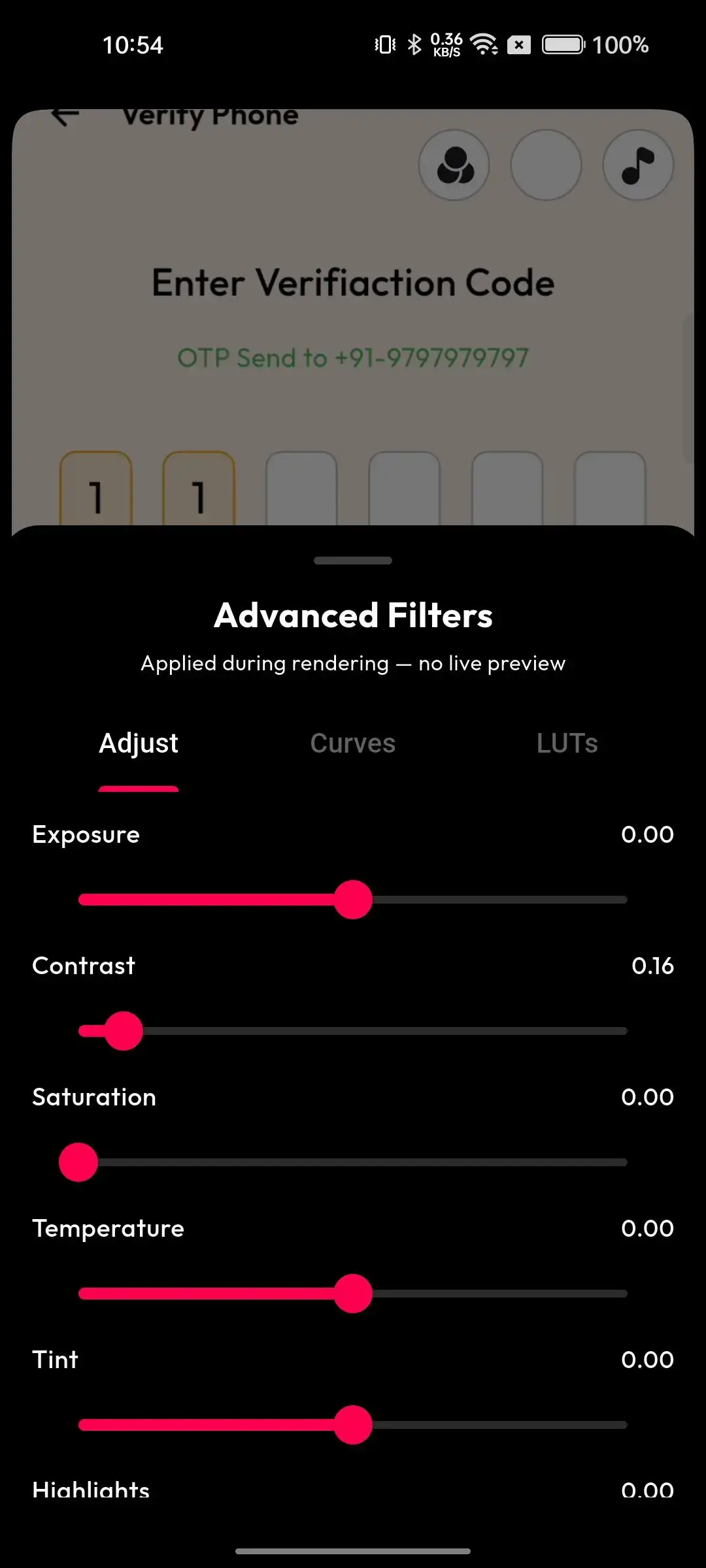 TikTok Clone 32 Mobile video editor with adjustment, curves, LUT presets, exposure, contrast, saturation, and live preview controls