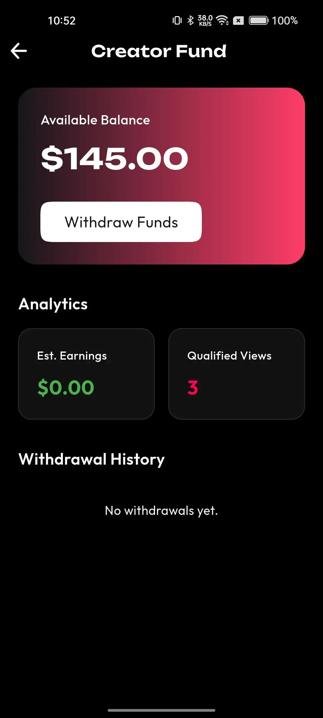 TikTok Clone 31 Mobile creator-fund dashboard showing available balance, withdrawals, estimated earnings, qualified views, and performance analytics