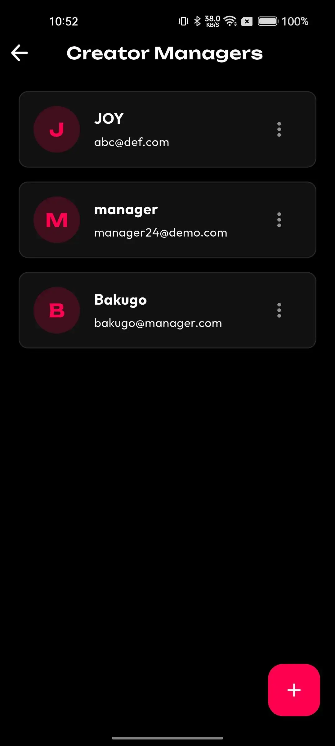 TikTok Clone 30 Mobile creator manager listing managed accounts with identities, email addresses, and account actions