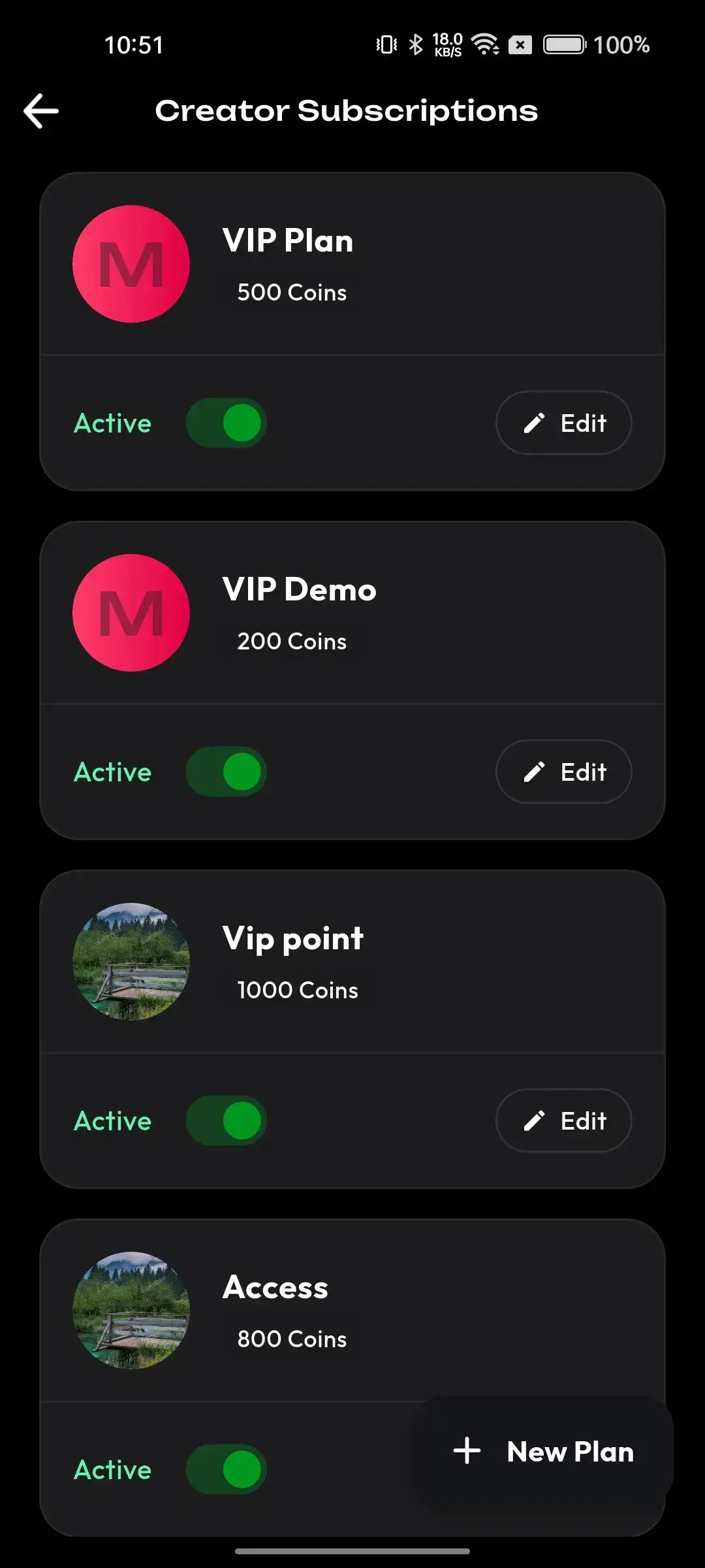 TikTok Clone 29 Mobile creator subscriptions screen with active VIP plans, coin pricing, promotion, and plan-editing controls