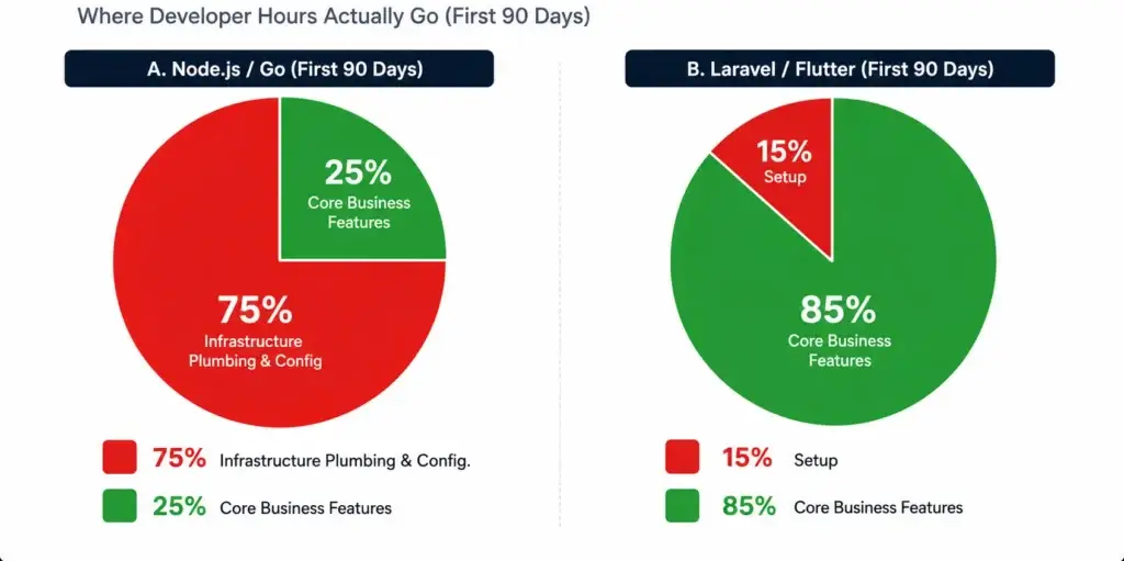 Why We Refuse Node.js & Go for Clone Apps 1 A visual infographic contrasting developer effort allocation: a Fragmented Node.js stack focuses 75% on infrastructure plumbing, while the Miracuves Laravel monolith focuses 85% on building core revenue-generating features.